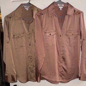 Express Women’s Satin Button-Up Shirt - Rose & Brown